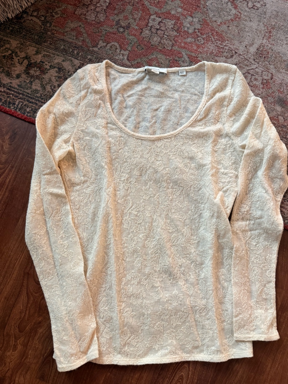 Vince Cream Long Sleeve Scoop Neck Lace-Texture Top
